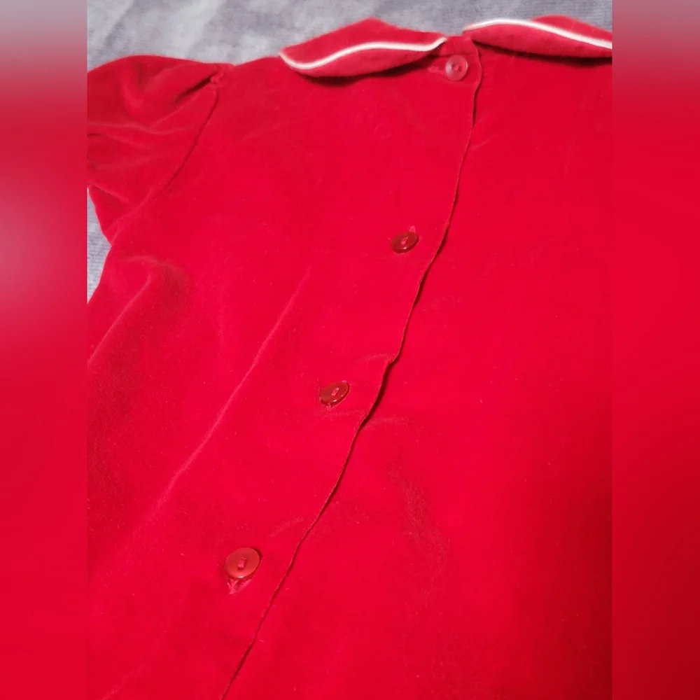 Adorable Vintage Red Dress with Peter Pan Collar 100% Cotton Velvet Look 18M - Picture 4 of 11